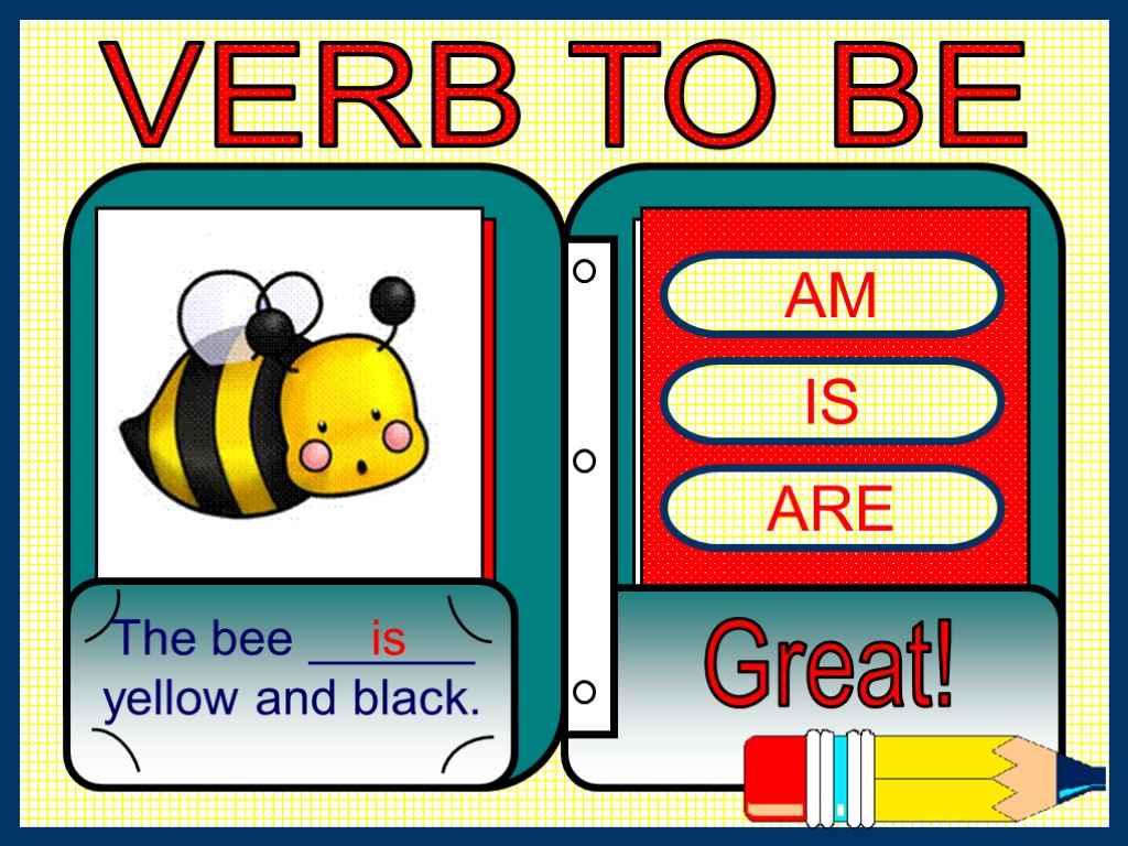 AM IS ARE The bee ______ yellow and black. Great! is VERB TO BE